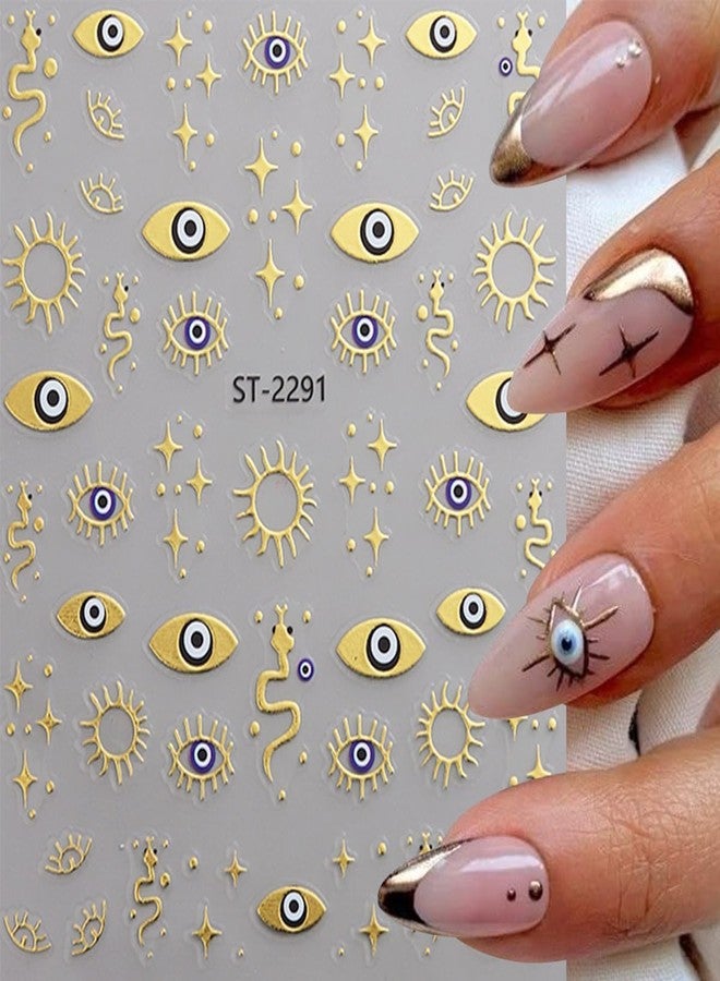 SPLOCUDU 12 Sheet Gold Eye Nail Stickers Decals 3D Self Adhesive Goth Nails Decals Gold Silver Sun Star Nail Art Stickers Metallic Snake Horror Eye Gothic Design Sticker for Women Manicure Decoration - Image 2